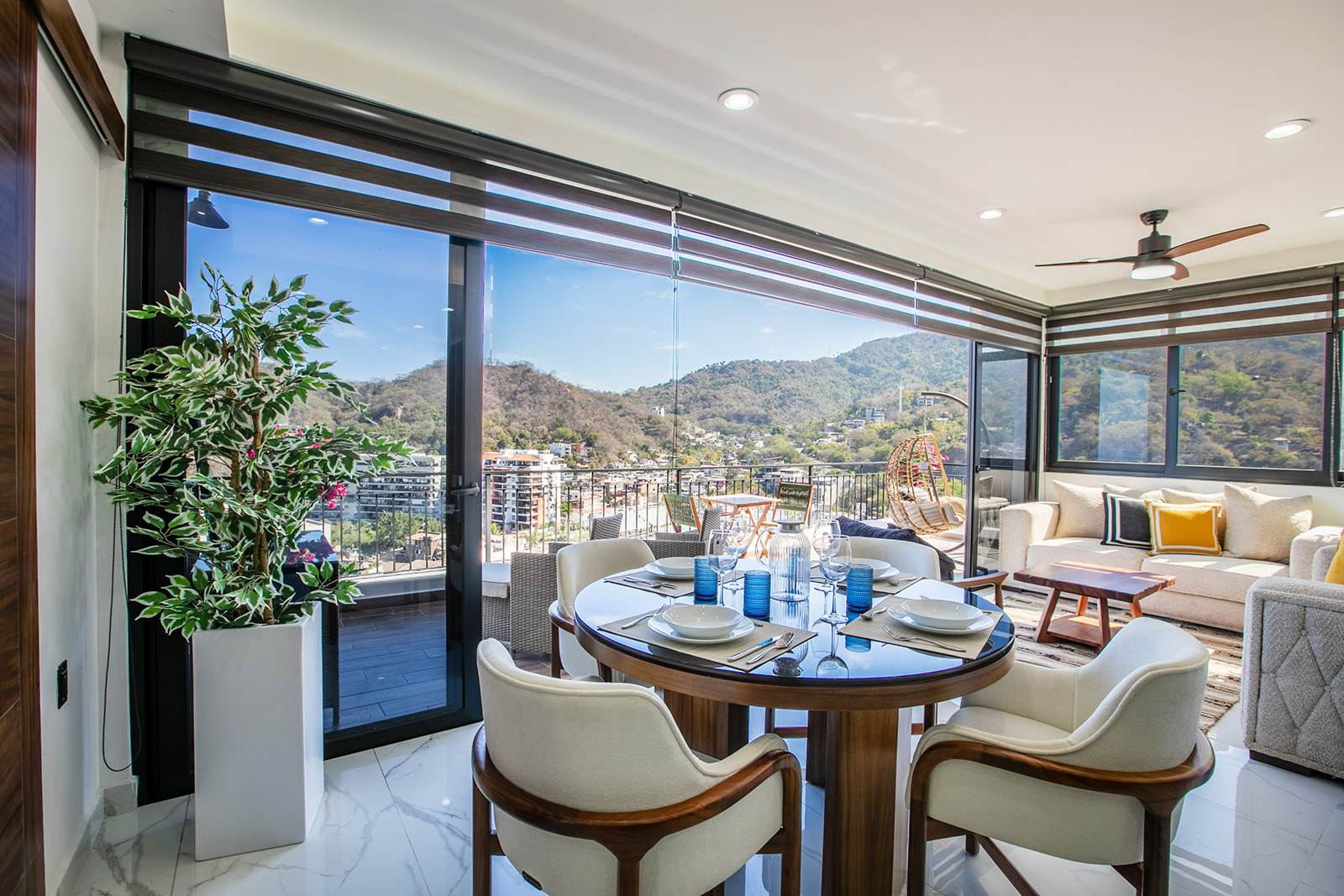 Interior living area with mountain views