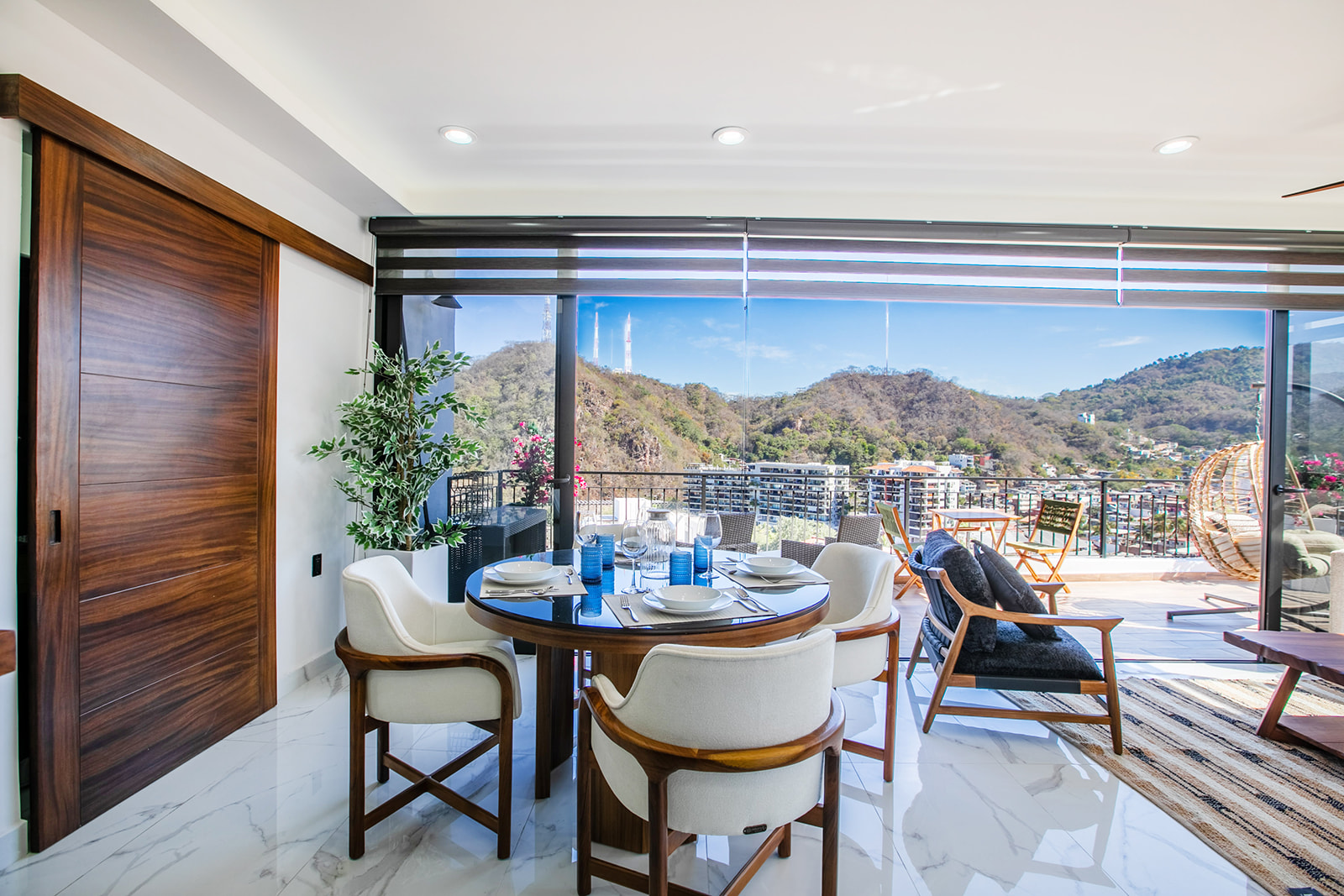 Interior dining area with mountain views