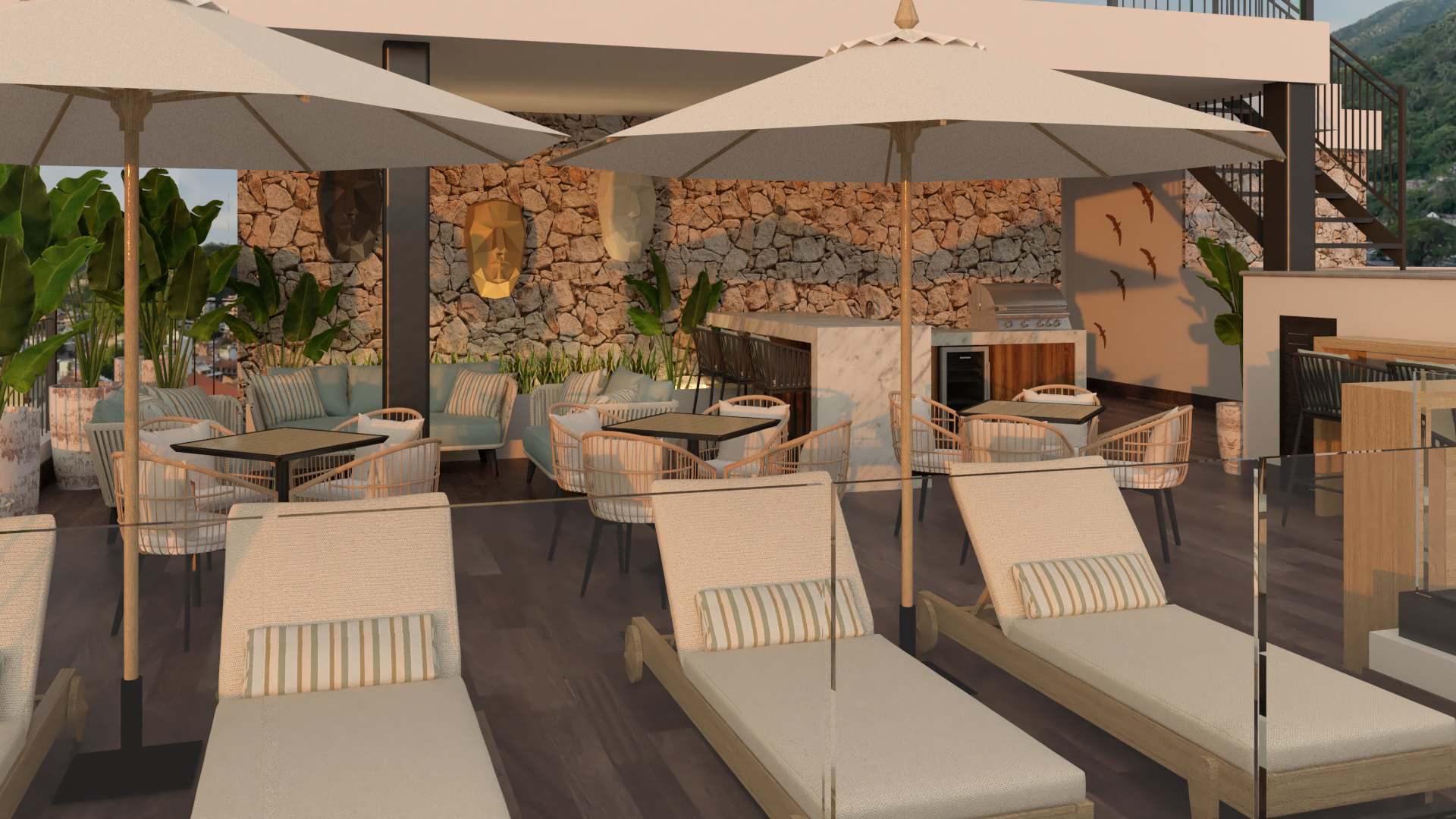 Terrace lounge seating with barbecue