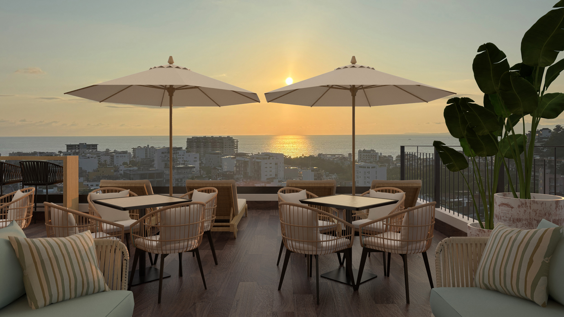 Terrace seating with sunset view