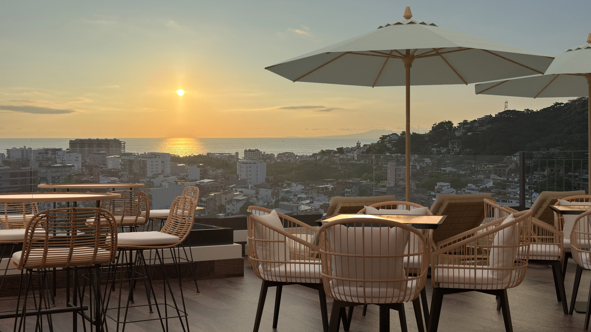 Terrace seating with sunset view