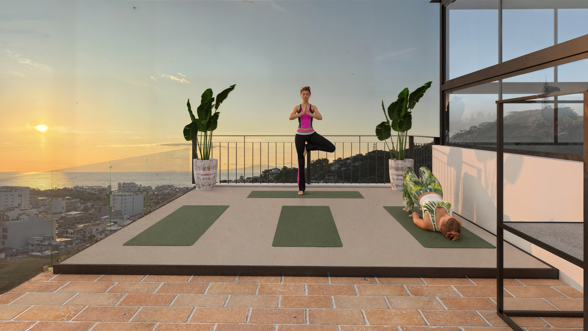 Rooftop yoga terrace with ocean view